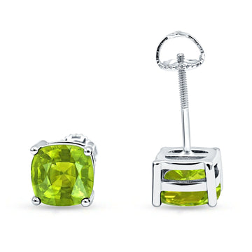 Solitaire Screw Back Stud Earring Excellent Cushion Cut Simulated Peridot CZ Solid 925 Sterling Silver